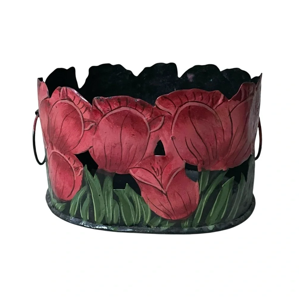 Vintage Boho Cutout Tole Metal Painted Tulips Planter Basket